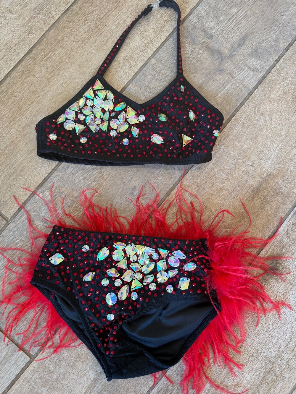 Glamour Black and Red Feathered Jazz Dance Costume Set